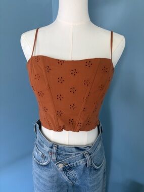 Jason Wu Eyelet Crop Top Orange Corset Style Smocked Back Adjustable Straps